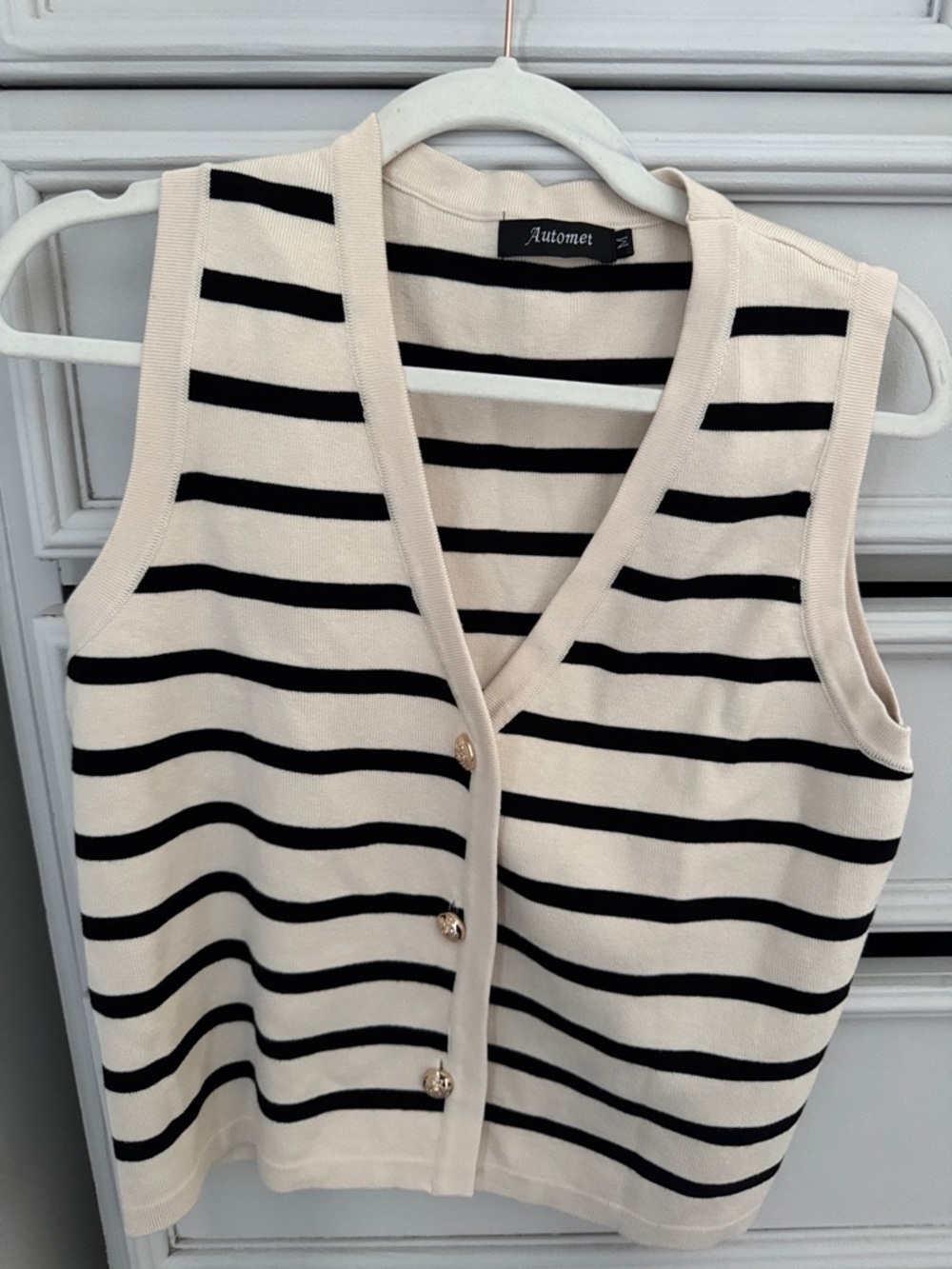 Automer Striped V-Neck Button Front Tank Top in Cream and Black